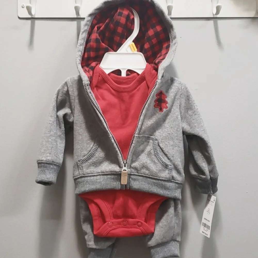 Carter's NWT Newborn 3-piece Gray Fleece Hoodie and Pants with Red Onesie